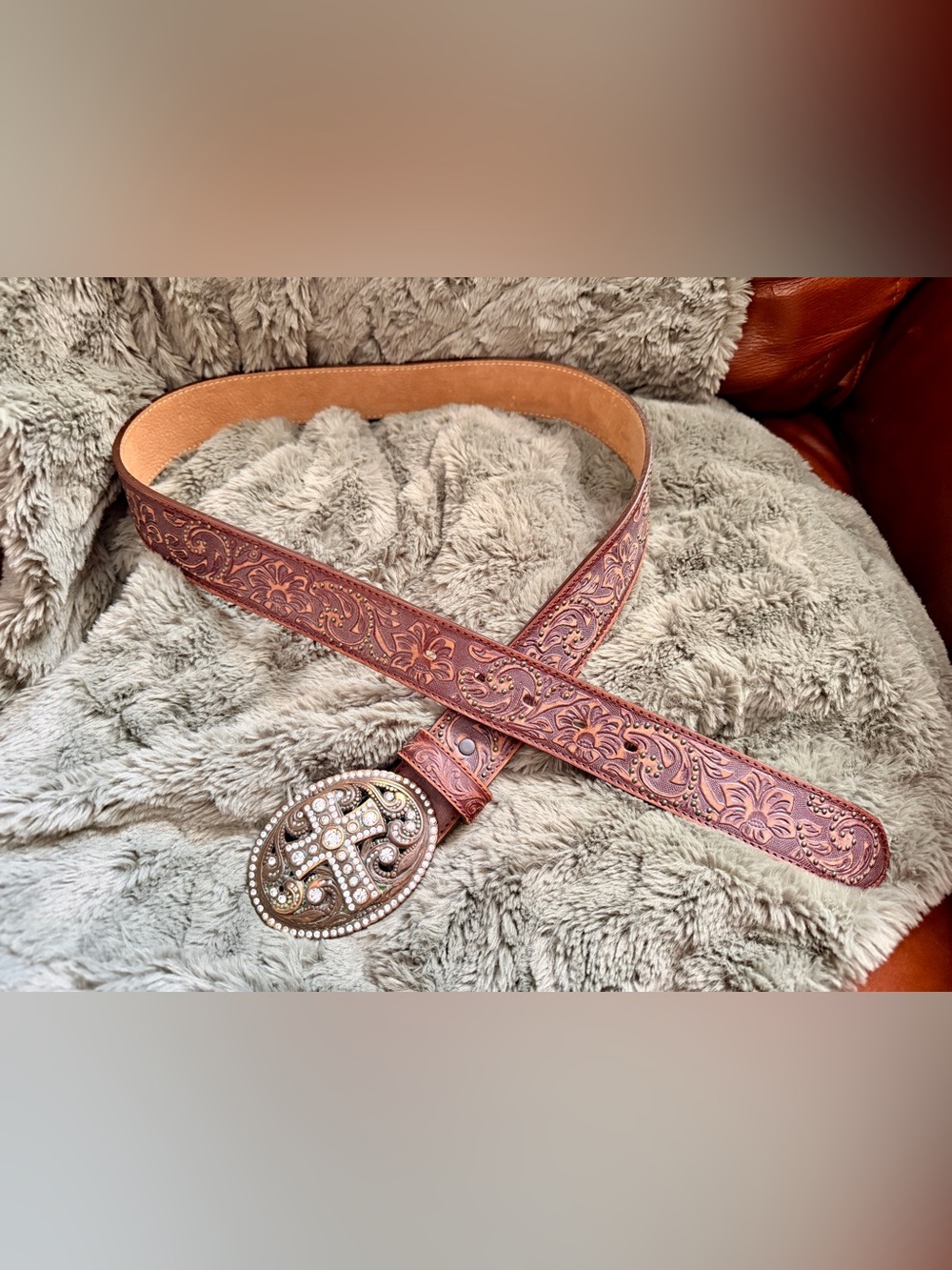 Justin C20555 Brown Tooled Leather Rhinestone Cross Western Belt 36